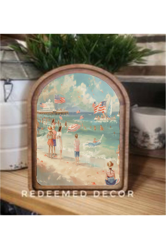 Arch Top Patriotic Beach Scene Framed Art