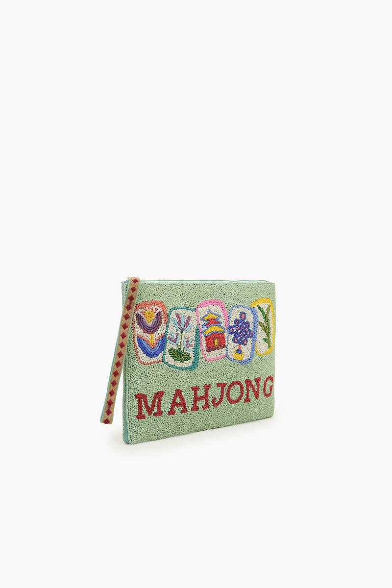 Mahjong Luxe Fully Hand-Beaded Top Zip Clutch