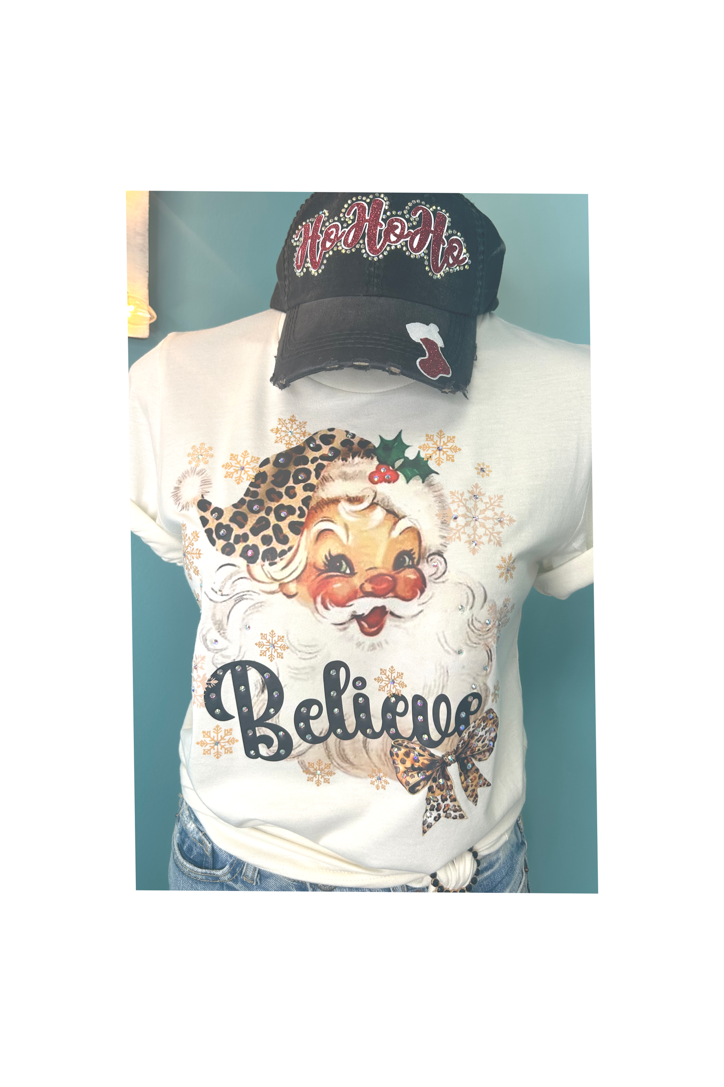 Leopard Santa Believe Rhinestone Graphic Tee