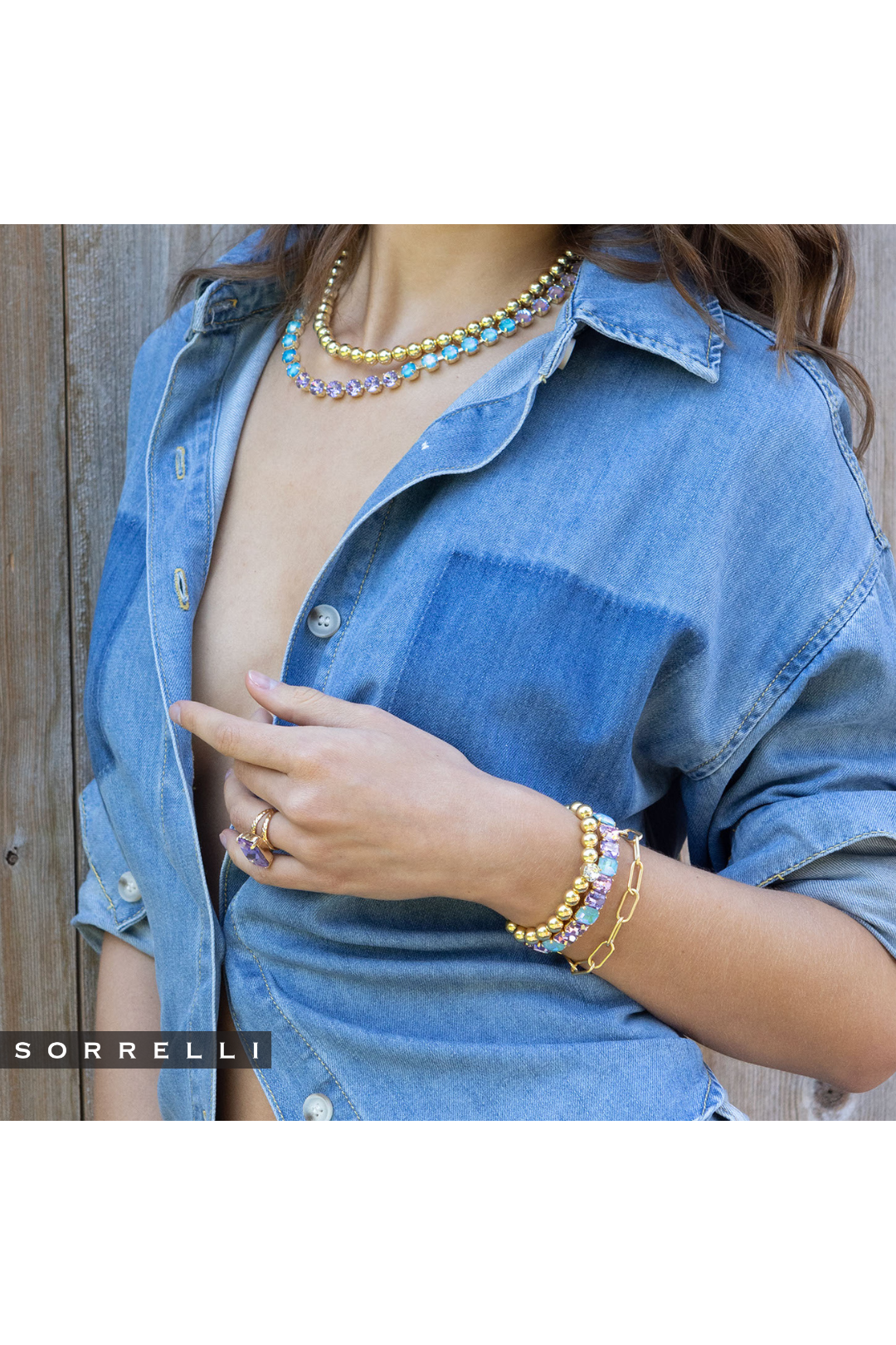 Clear Crystal & 10K Gold Plated Beaded Stretch Bracelet 7in