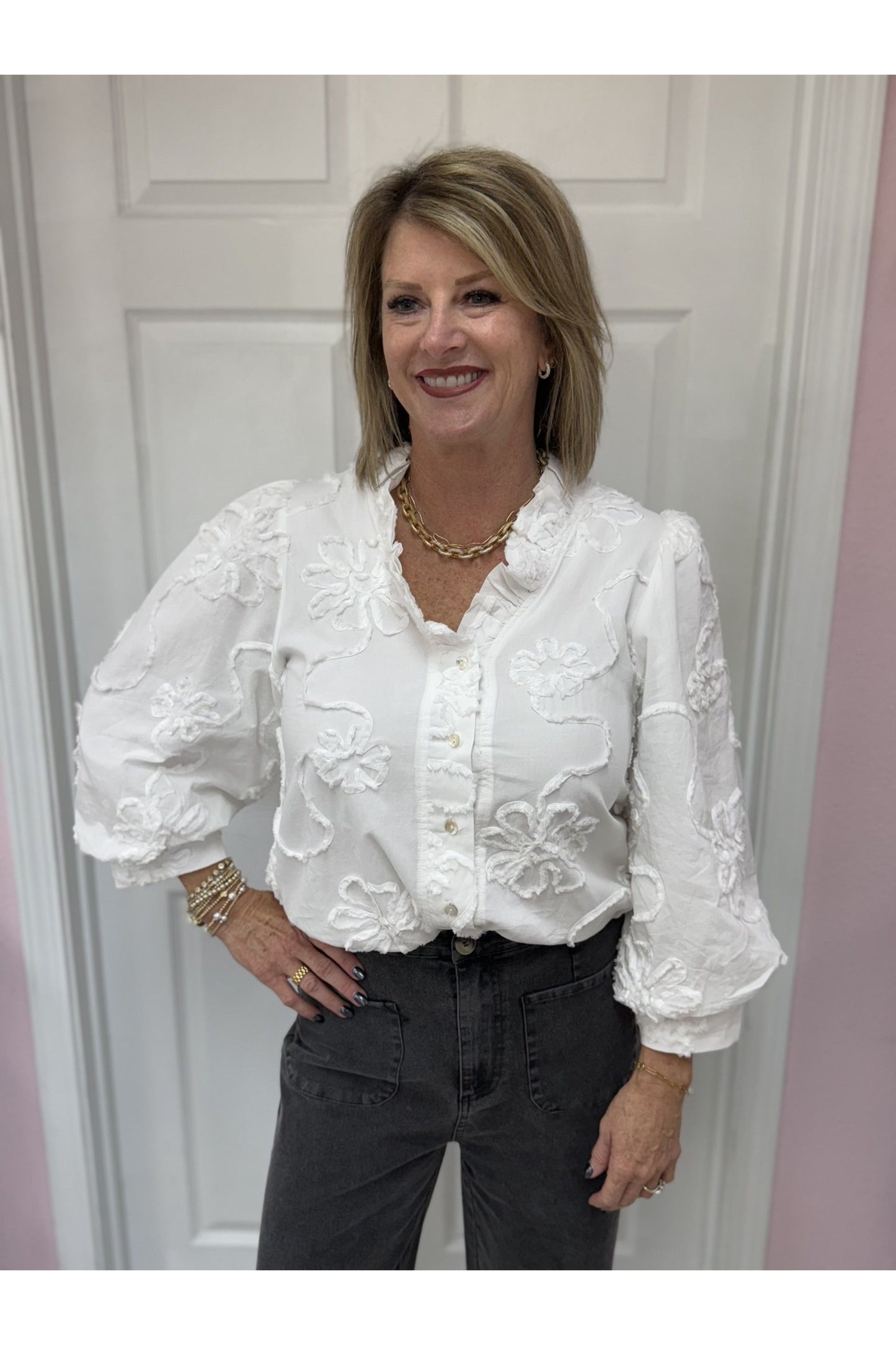 3/4 Sleeve 3D Floral Top