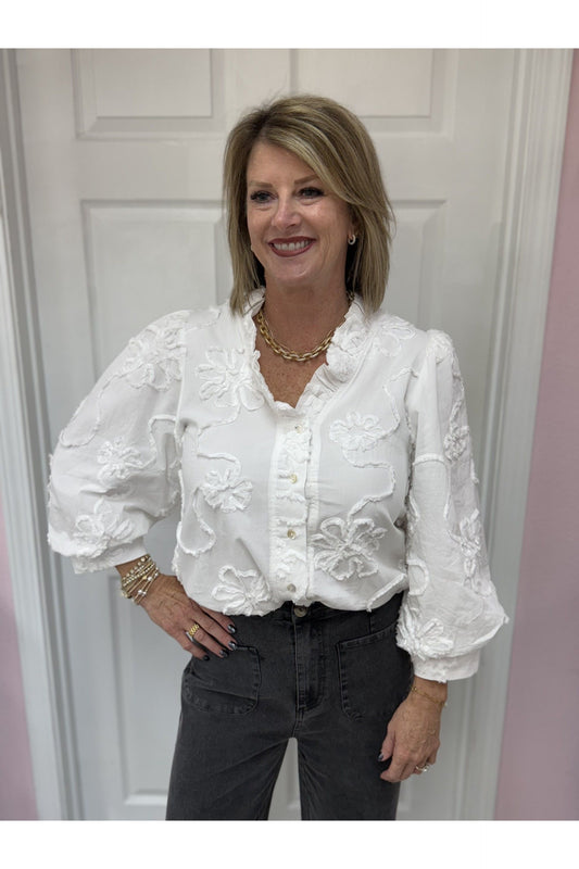 3/4 Sleeve 3D Floral Top