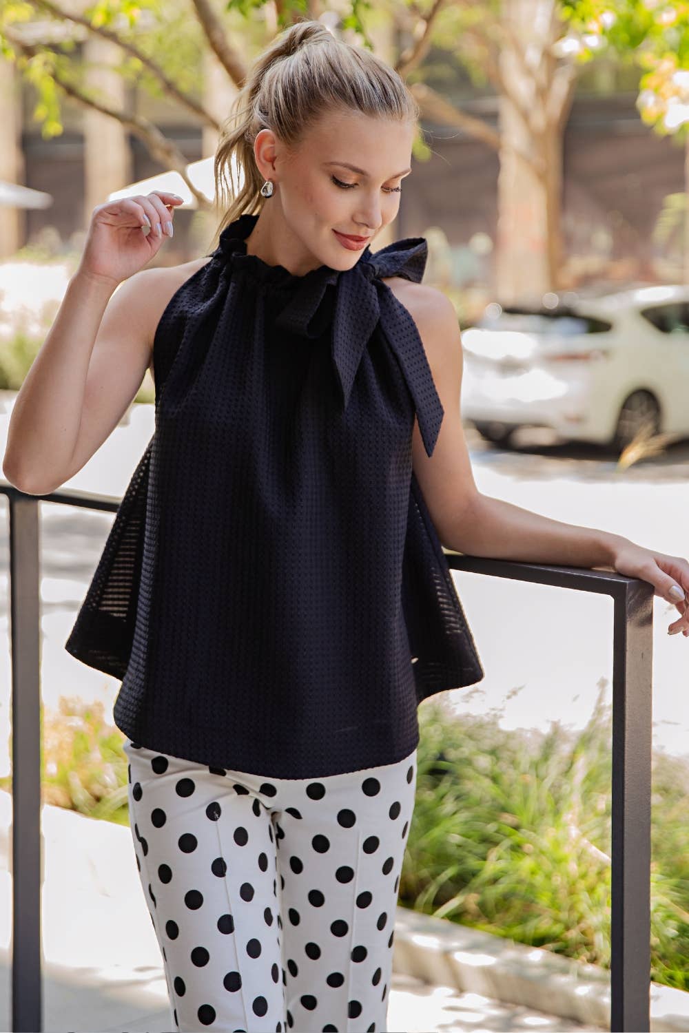 Ruffle Neck Tie Sleeveless Top