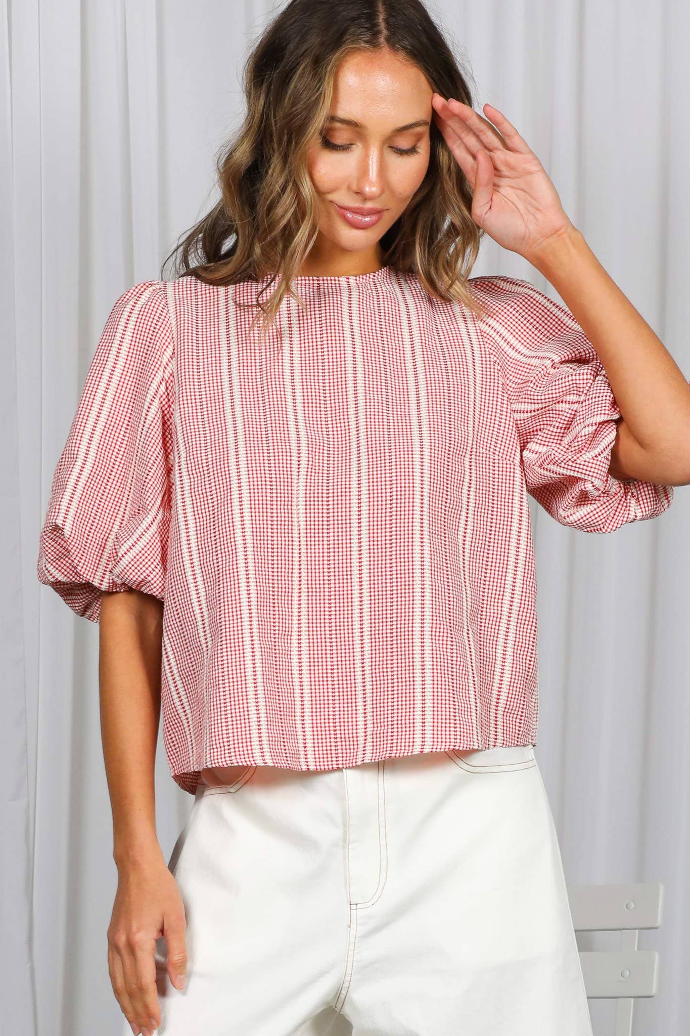 Bow Accent Feminine Plaid Blouse