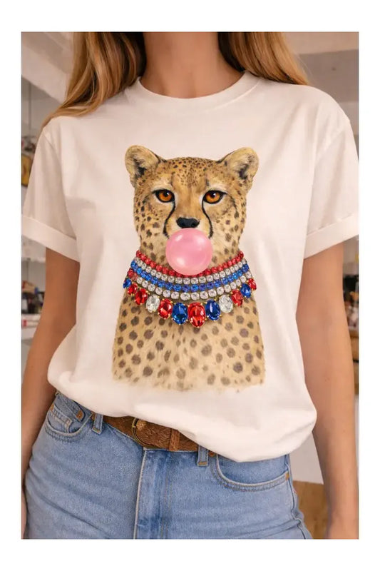 Jeweled Collar Bubble Gum Leopard On Natural Crew- Preorder