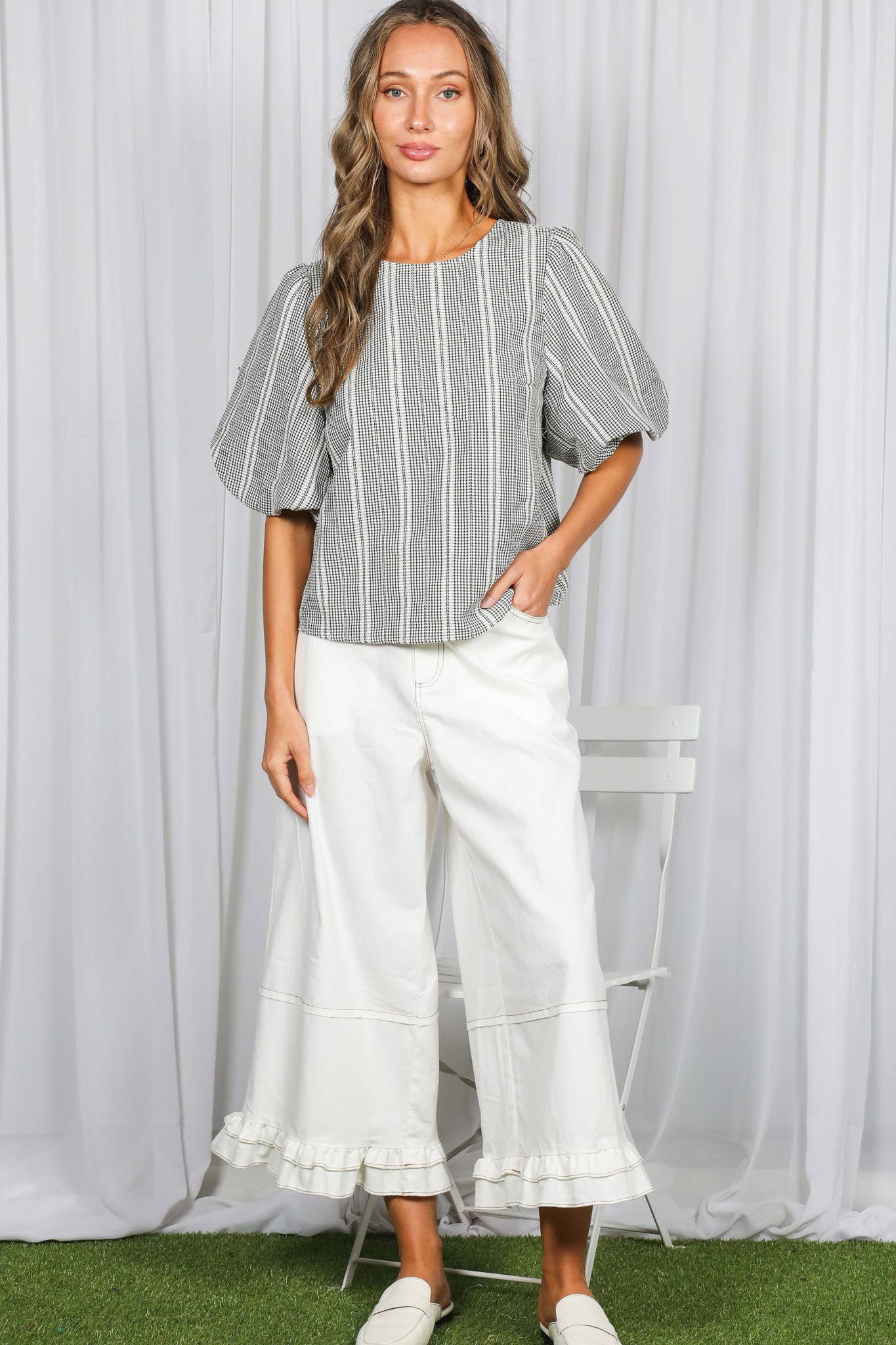Bow Accent Feminine Plaid Blouse