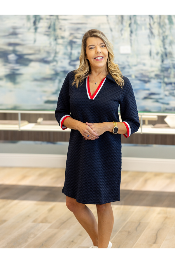 Navy Collared Shirt Dress w/Striped Trim